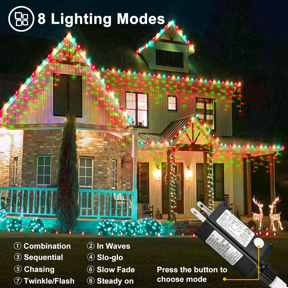 33ft Red and Green Christmas Lights, 400 LED Icicle Lights for Outside, Clear Wire Connectable