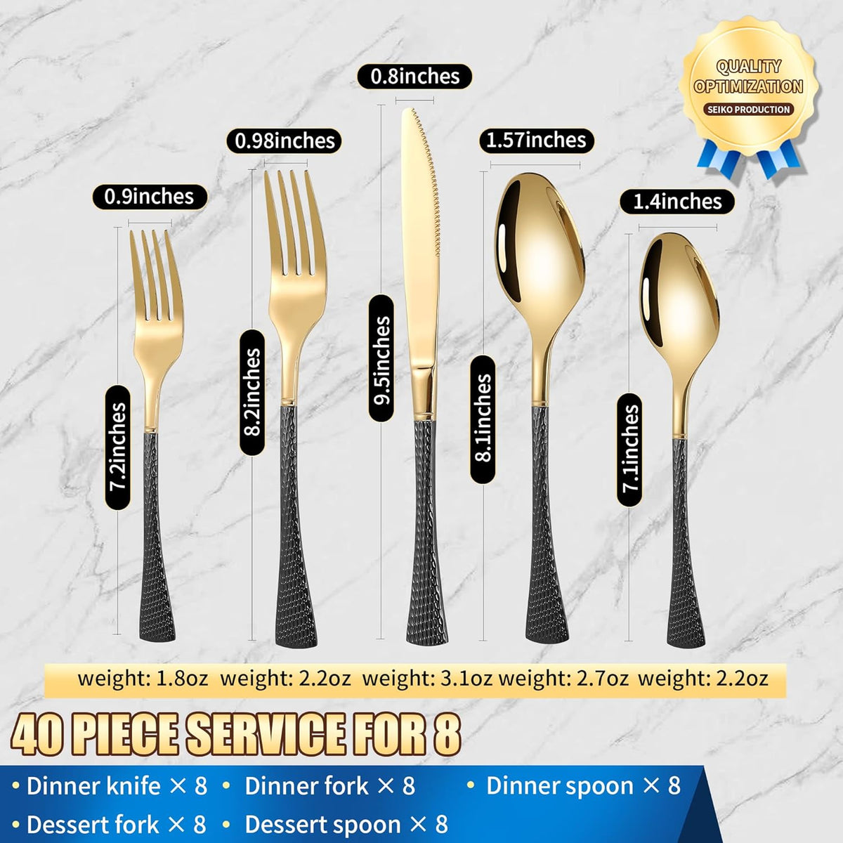 Hammered Black Gold Silverware Set for 8,Stainless Steel 40-Piece Modern Cutlery Set,Mirror