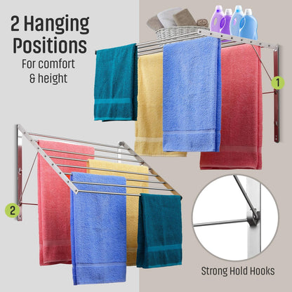 Smartsome | Wall Mounted | Clothes Drying Rack| 22" Wide |15 Linear Feet Capacity | 8 Smooth Round