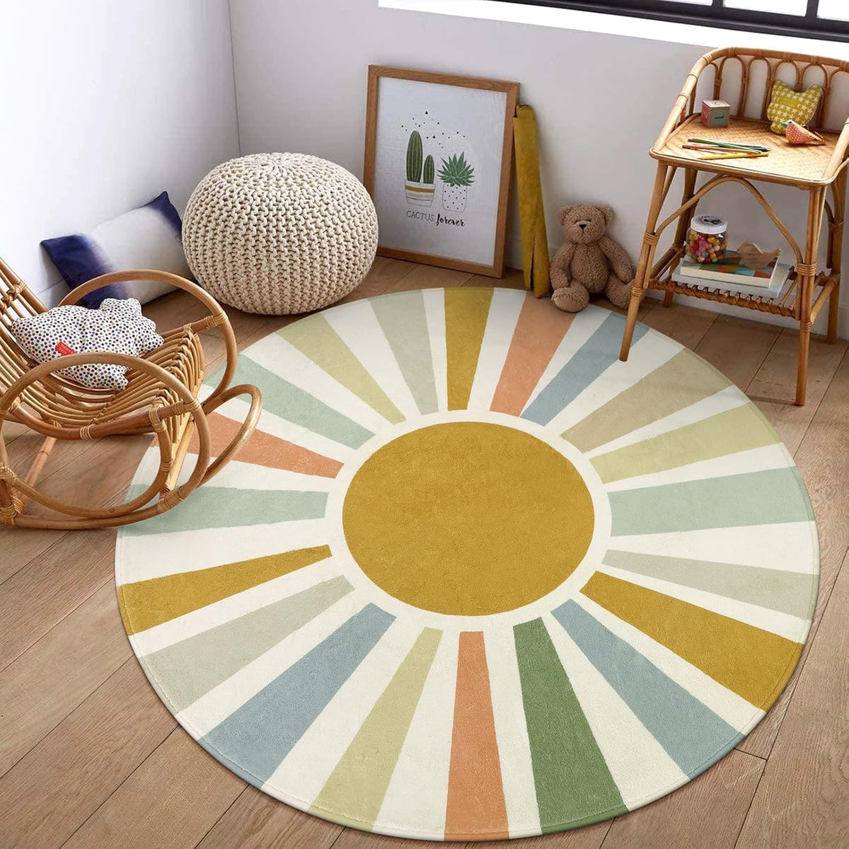 STARUIA Boho Sun Round Area Rug for Living Room, 6 Ft Washable Nursery Rug for Playroom, Colorful