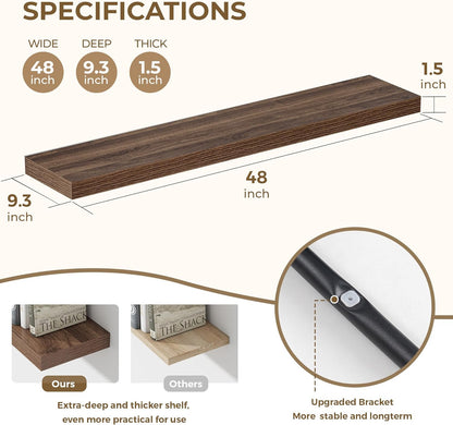 Dreamland 48 Inches Floating Shelves for Wall, 9.3" Deep Long Floating Shelves Set of 1, Large
