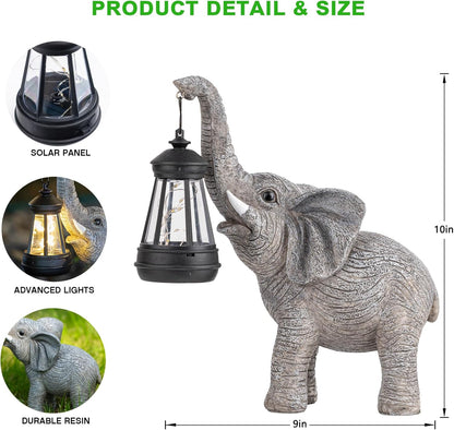Solar Garden Statue Lights Elephants Figurine with Solar Lantern, Outdoor Yard Decorations for