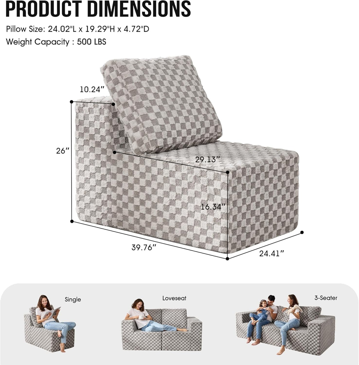 Single Sofa 1 Seat Couch with Deep Seat Memory Foam Cloud Chair with Pillows Large Sofa with L
