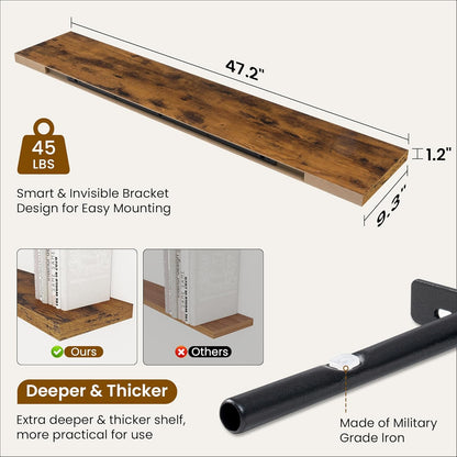 Fun Memories 48 Inch Deep Floating Shelves for Wall, 2 Pack of Long Wall Mounted Wood Shelves with