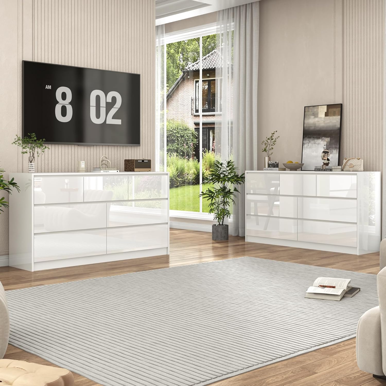 White Malm Dresser for Bedroom, 55 Inch Full High Gloss Dresser with 7 Drawers, Modern Large Wood