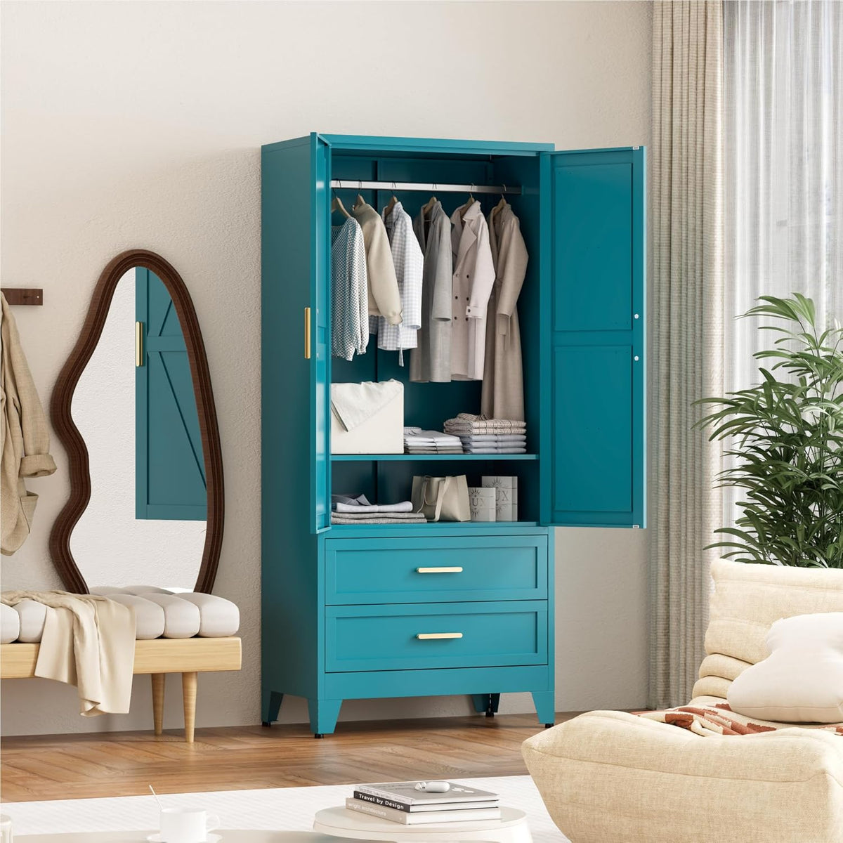 71'' Farmhouse Metal Wardrobe Cabinet with Hanging Rod, 2 Barn Door Wardrobe Closet with Adjustable