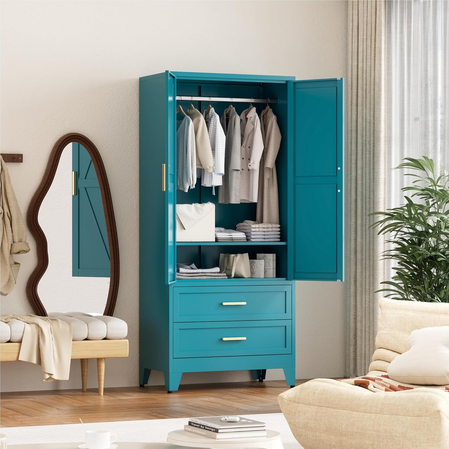 71'' Farmhouse Metal Wardrobe Cabinet with Hanging Rod, 2 Barn Door Wardrobe Closet with Adjustable