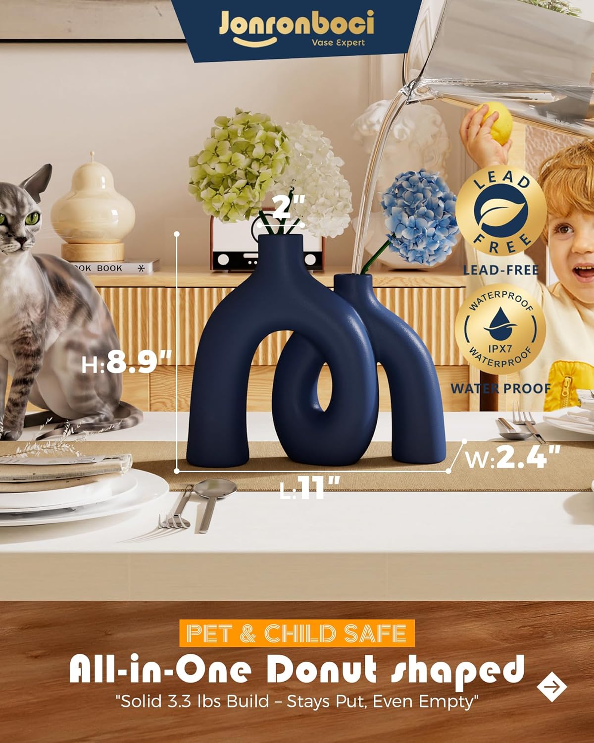 Matte Blue Vase Set - Hug Hollow Donut Aesthetic Ceramic Vases Home Decor, Navy Blue Decor Modern