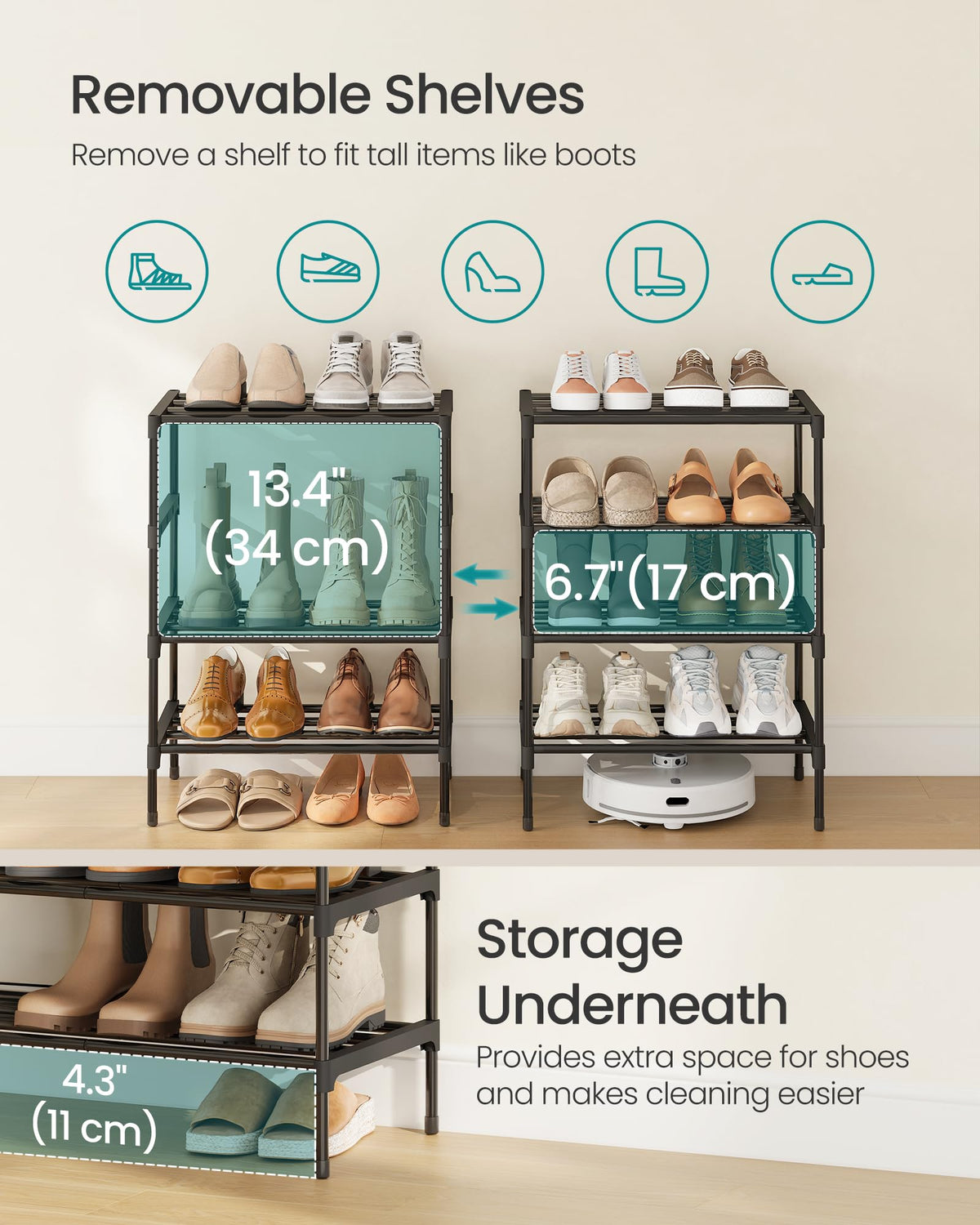 SONGMICS 4-Tier Shoe Rack, Stackable Compact Metal Shoe Storage Organizer