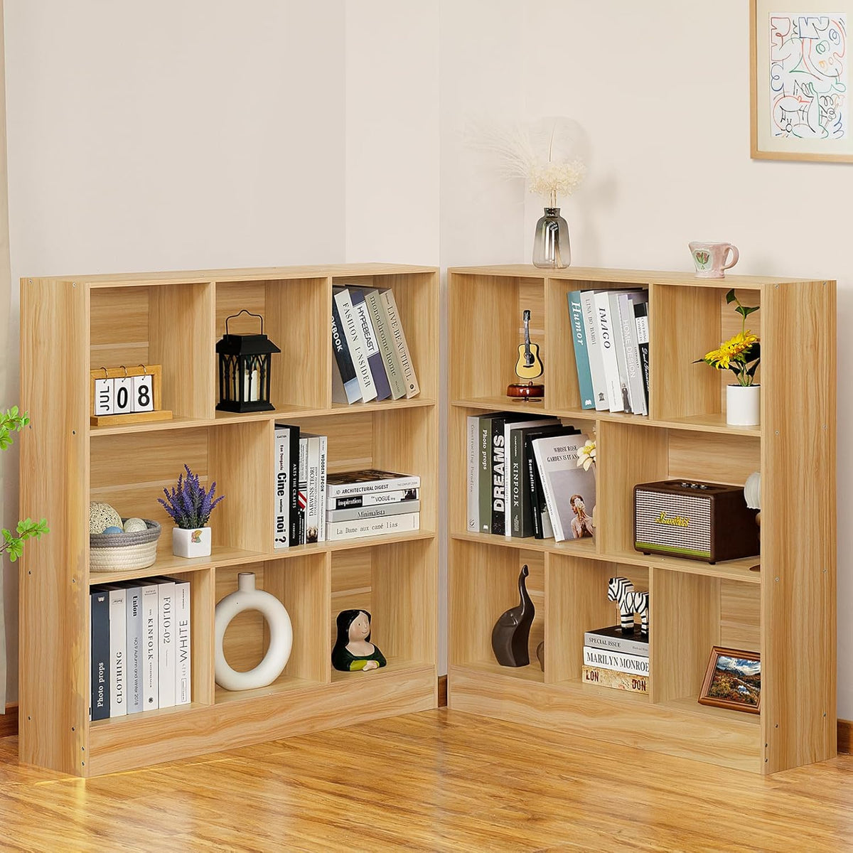 LEYAOYAO 8 Cube Bookshelf with Wood Base,Natural 3 Tier Mid-Century Modern Bookcase,Standing Wide