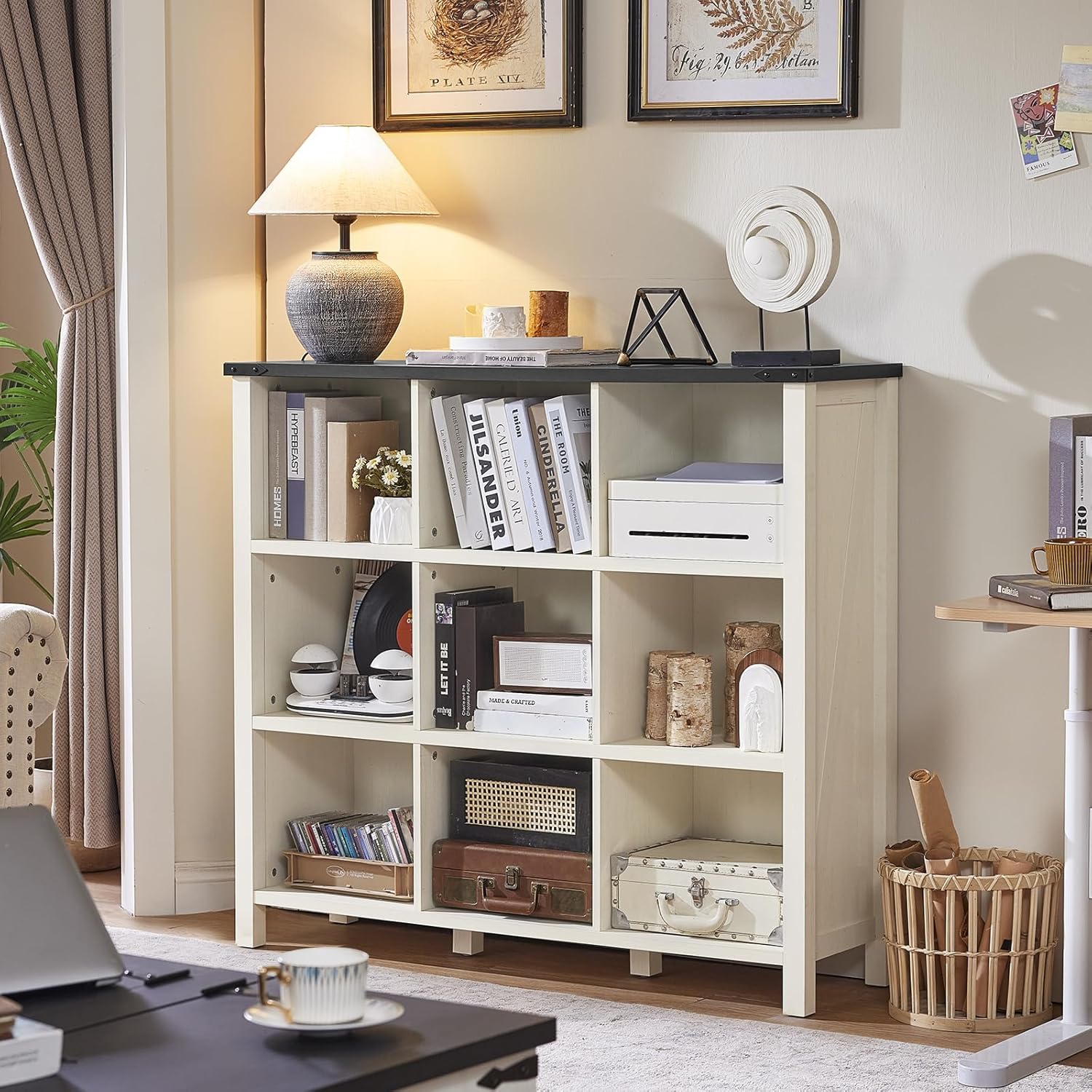 9 Cube Bookcase, Farmhouse 47 Inch Wide White Bookshelf, Wooden 3 Tier Display Large Open Book