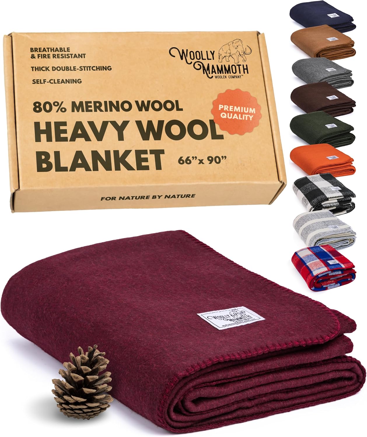 Woolly Mammoth Woolen Company Outdoor Merino Wool Throw Blanket - 66" x 90" Large Burgundy