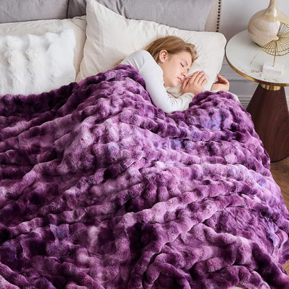 NEWCOSPLAY Faux Fur Throw Blanket Tie-dye Violet Purple Luxury Fluffy Thick Warm Bubble Blanket for