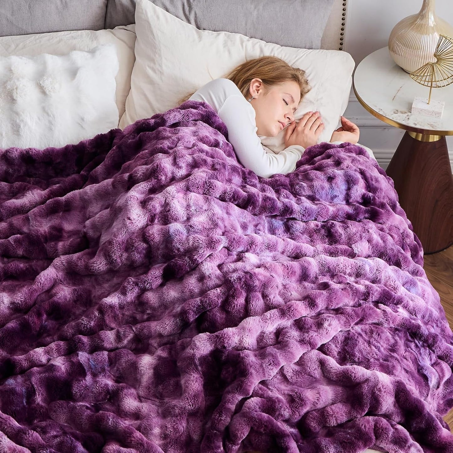 NEWCOSPLAY Faux Fur Twin Blanket Tie-dye Violet Purple Luxury Fluffy Thick Warm Bubble Blanket for