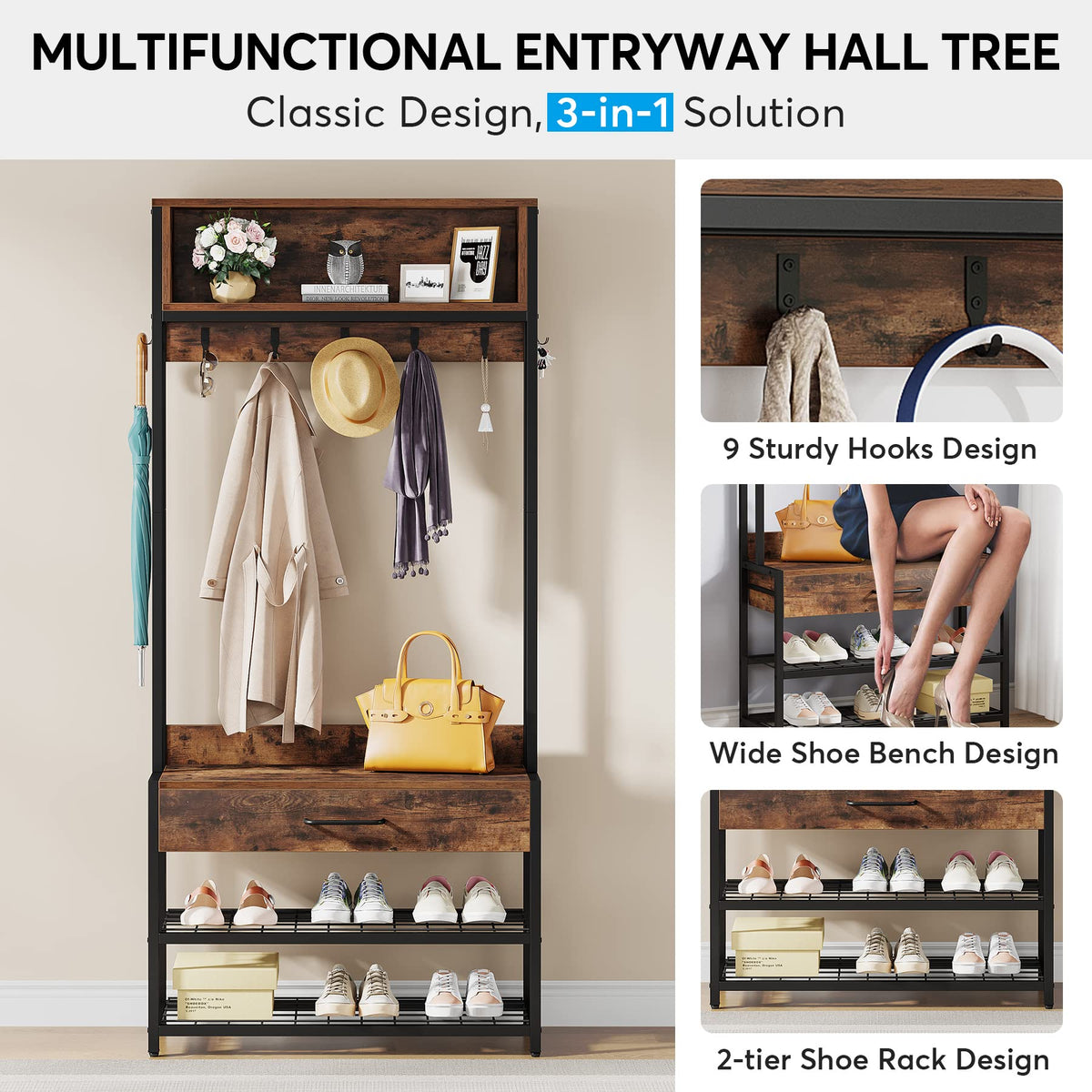 Tribesigns 3-in-1 Entryway Hall Tree with Shoe Bench and Hutch, Brown