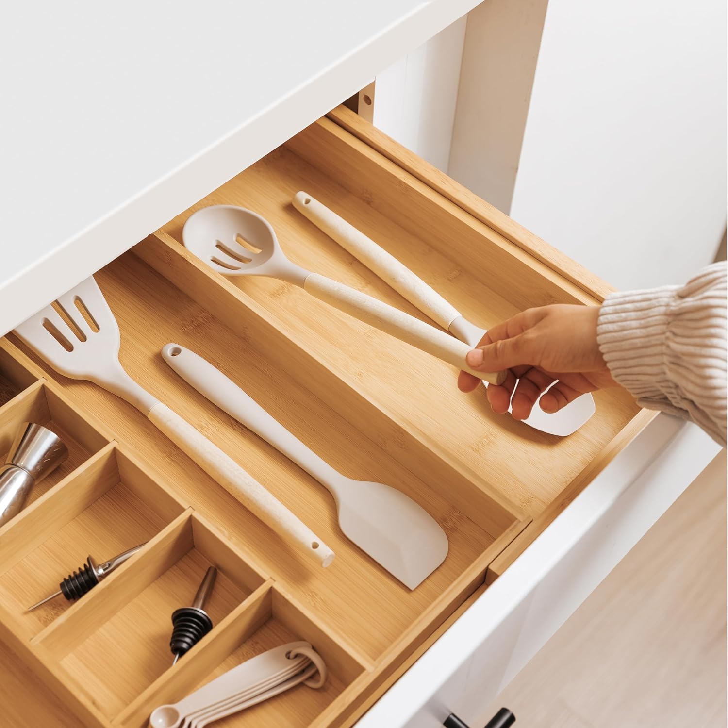 Adjustable Kitchen Drawer Organizer for Utensils and Junk, Food-Safe Contract Grade with 100%