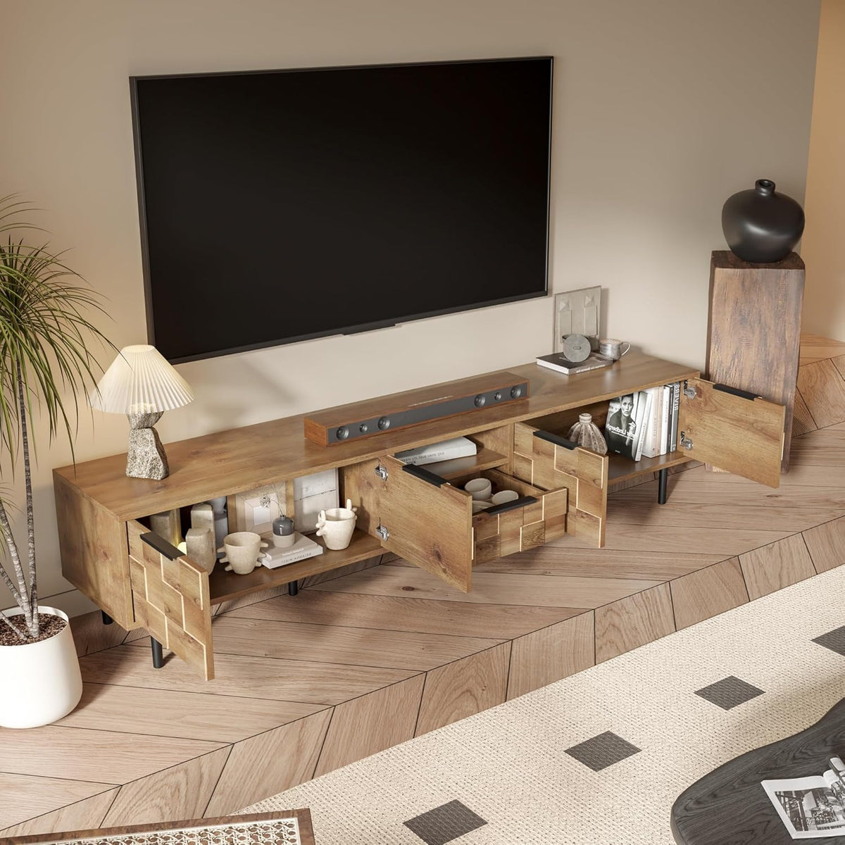 Modern TV Stand for TVs up to 85", Mid-Century Media Console with Checkered Cabinet Doors, Storage