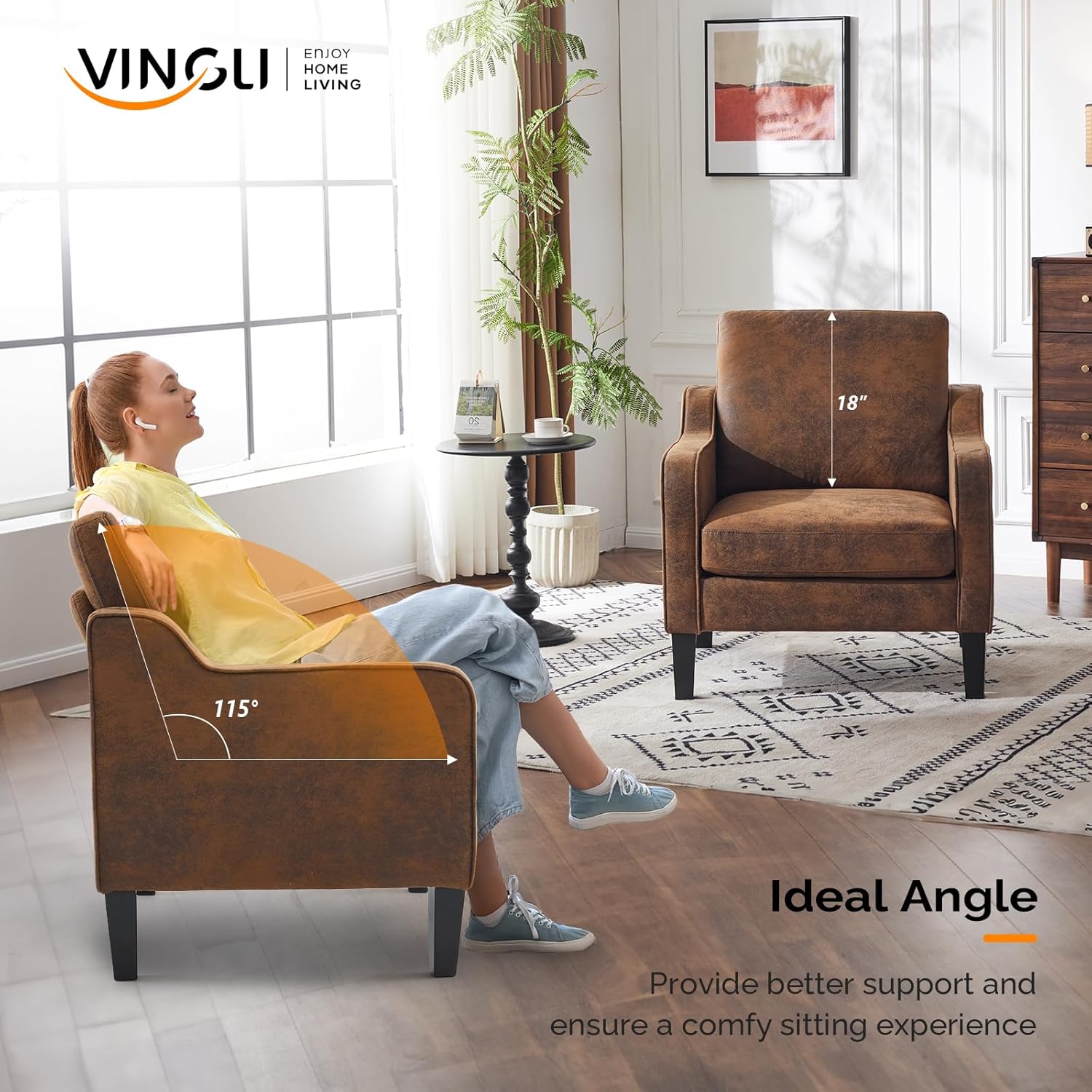 VINGLI Accent Chair for Living Room Chairs Rustic Reading Chair for Bedroom Scooped Arm Chair Mid