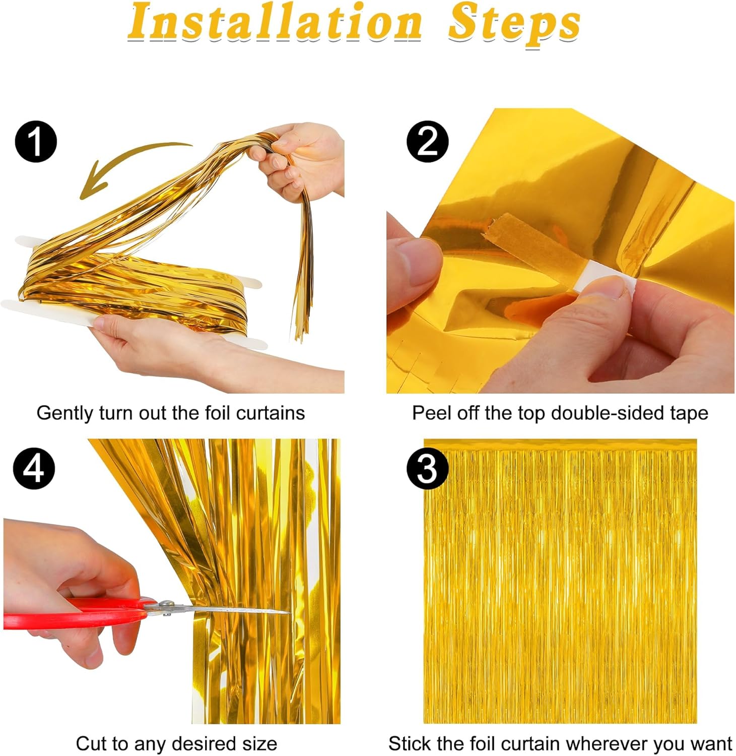 2 Pack Gold Tinsel Backdrop, 3.28 FT x 7.05 FT Metallic Fringe Curtain, Gold Color Graduation