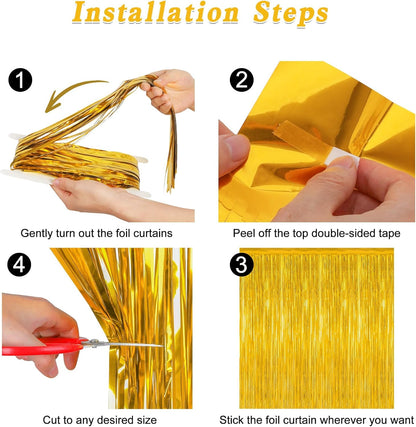 2 Pack Gold Tinsel Backdrop, 3.28 FT x 7.05 FT Metallic Fringe Curtain, Gold Color Graduation