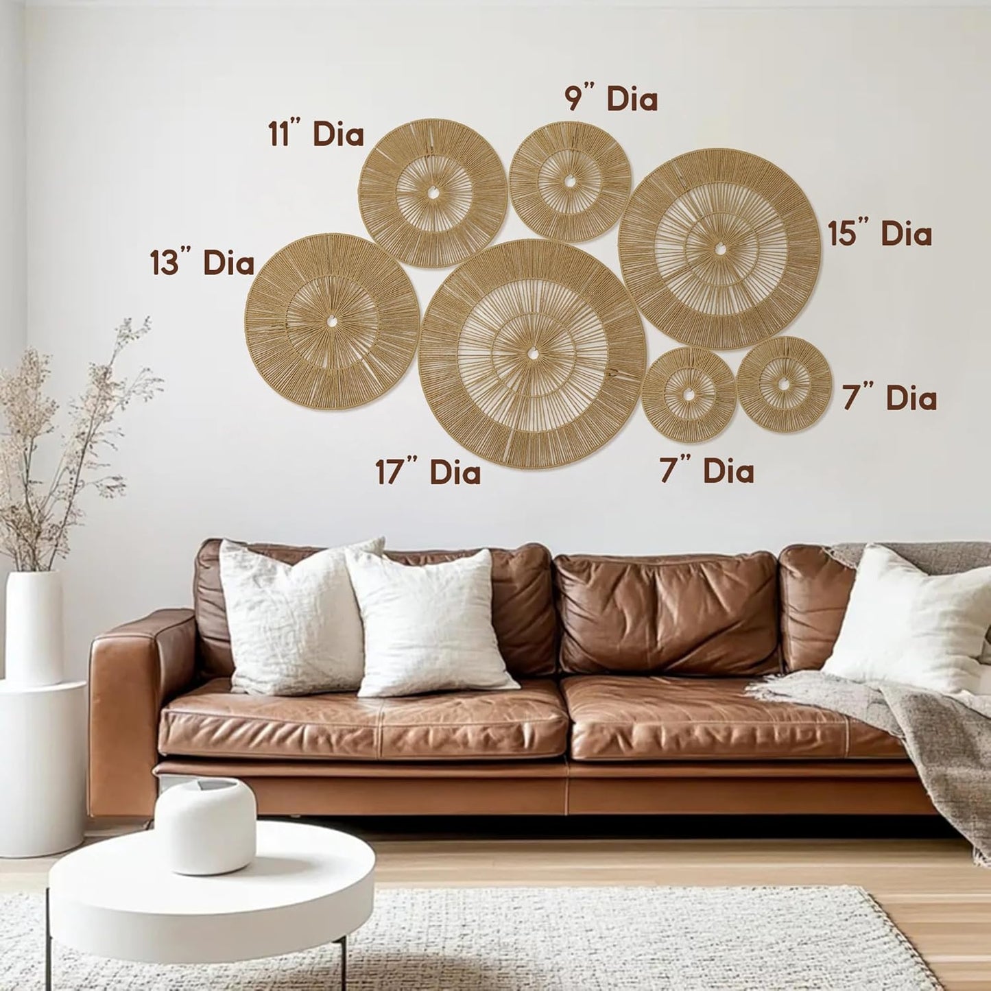 Mokof 7 Pack Boho Wall Decor Round Baskets Set (Small 7" to Largest 17") - Handwoven Large Wall