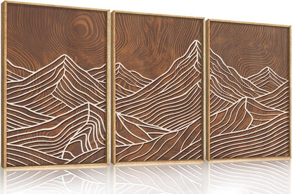 HPINUB Line Style Mountain Framed Canvas Wall Art Set, Vintage Tree Rings Wall Decor, Abstract Tree