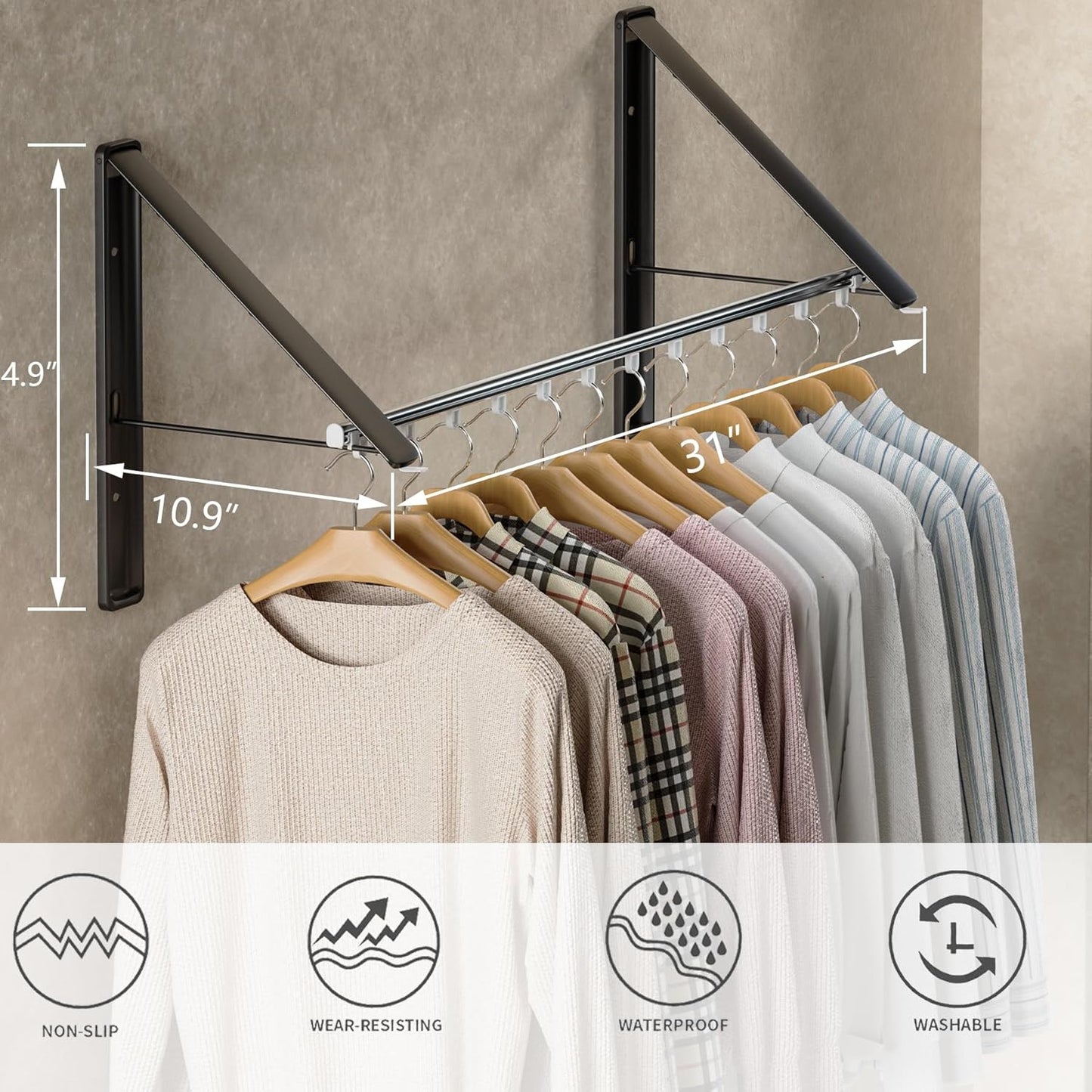 Dr.DJ Clothes Drying Rack with Rod, Wall-Mounted Retractable & Foldable Clothes Hanger for Laundry