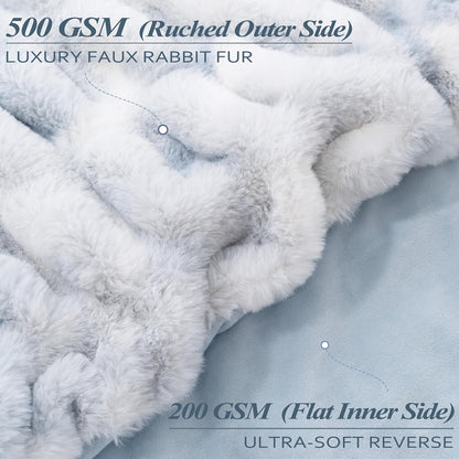 Touchat Ruched Faux Rabbit Fur Blanket, 700 GSM Luxury Dual-Sided Soft Cozy Blanket, Fuzzy Fluffy