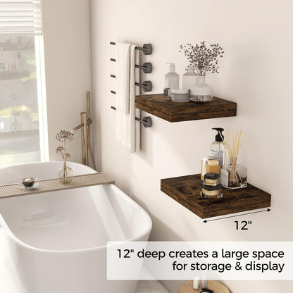 Fun Memories 12 Inch Floating Shelf, Rustic Wood Wall Shelves for Wall Decor & Storage, 12 x 12