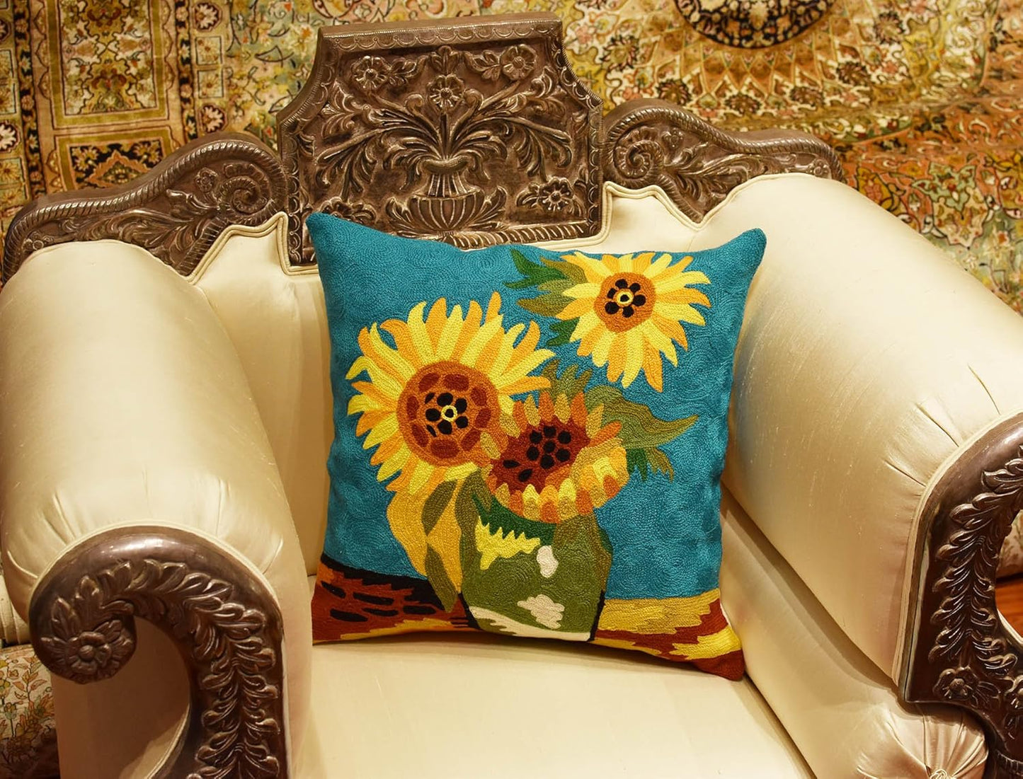 Turquoise Van Gogh Sunflower Pillow Cover Teal Floral Sofa Pillowcase Flower Chair Cushion Accent