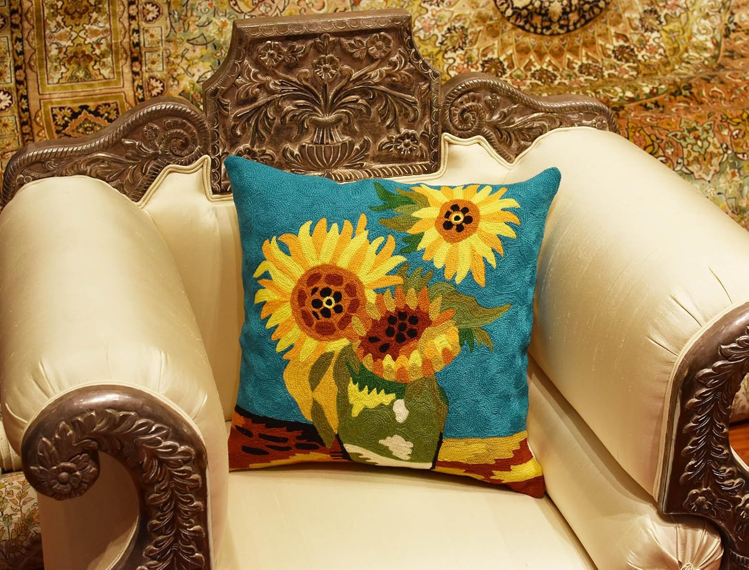 Turquoise Van Gogh Sunflower Pillow Cover Teal Floral Sofa Pillowcase Flower Chair Cushion Accent