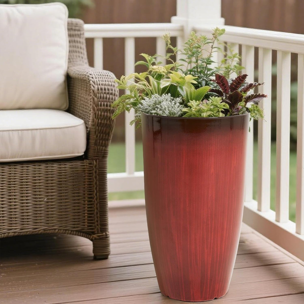 Worth Garden 20" H. Plastic Planters - Set of 2 Gradient Red Glossy Smooth Finish - Tall Plant Pots