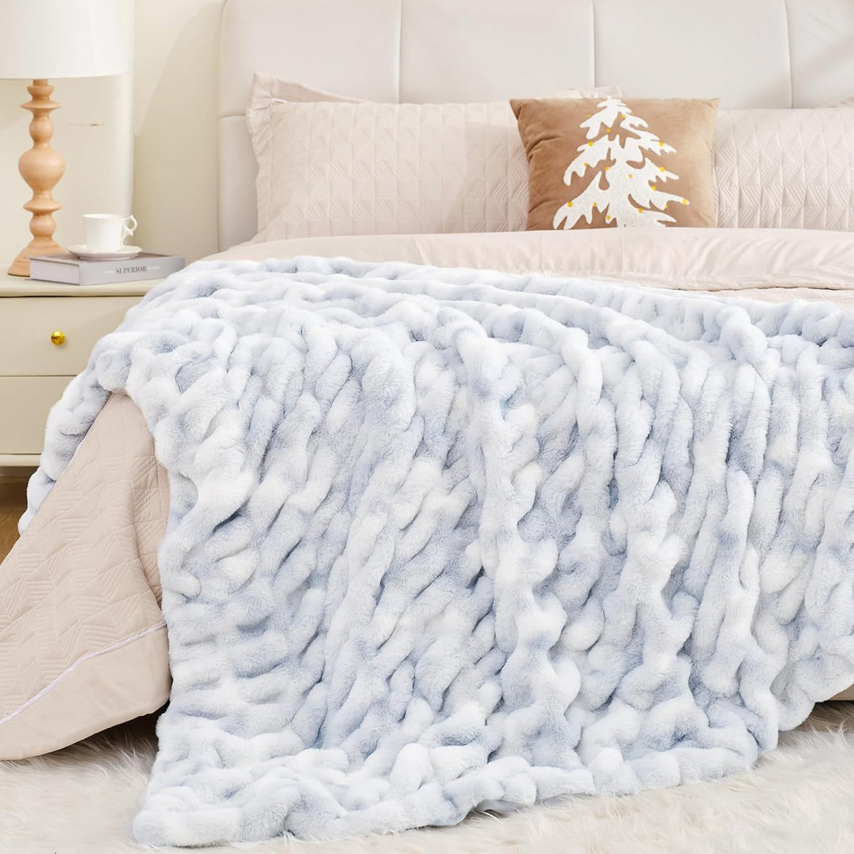Touchat Ruched Faux Rabbit Fur Throw Blanket, 700 GSM Luxury Dual-Sided Soft Cozy Blanket, Fuzzy