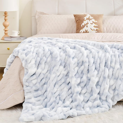 Touchat Ruched Faux Rabbit Fur Blanket, 700 GSM Luxury Dual-Sided Soft Cozy Blanket, Fuzzy Fluffy