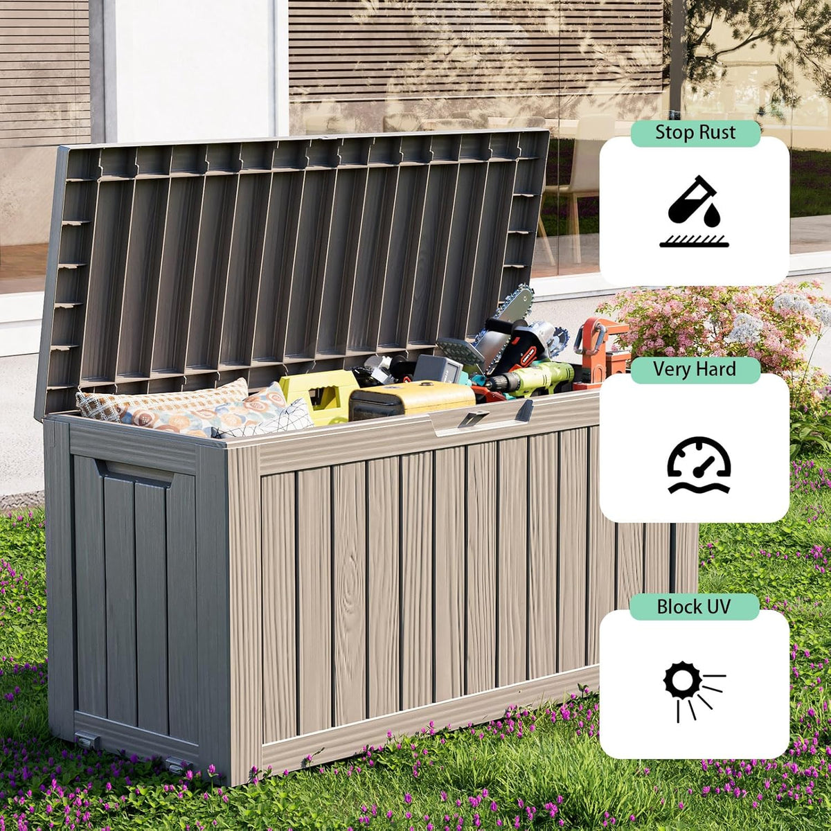 Vixzen 75 Gallon Resin Deck Box with wheels,Lockable Outdoor Storage Box for Patio Cushions Storage