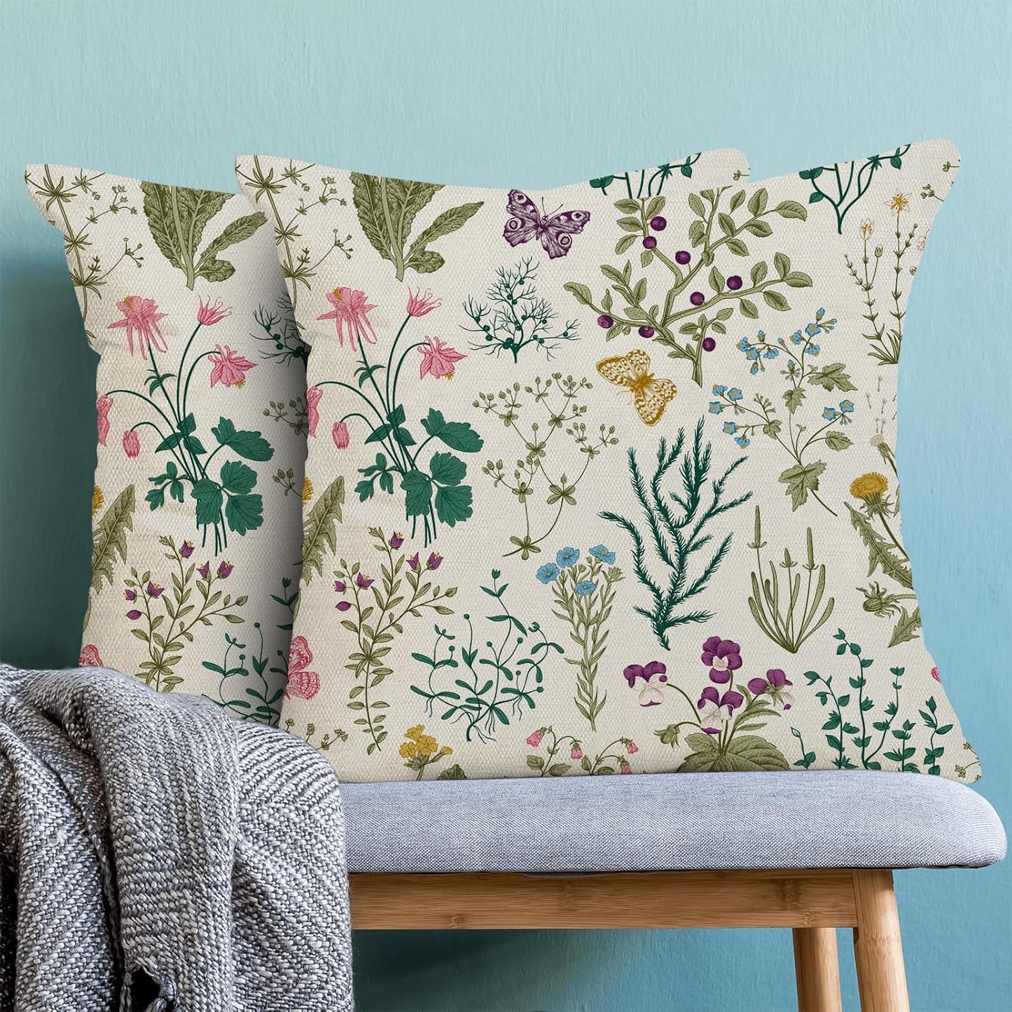 CXMEIFLY Spring Pillow Covers 20 x 20 Inch Set of 2 Vintage Sage Green Teal Wild Flowers Decor