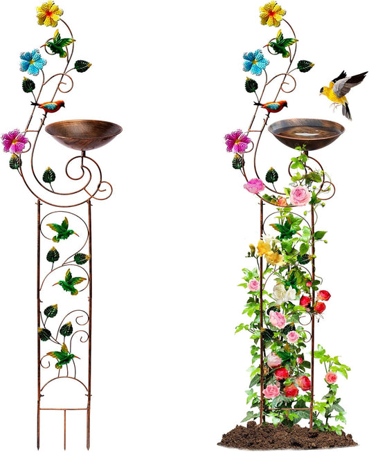 57" Height Metal Bird Bath with Trellis for Outdoor, Vintage Decorative Bird Baths, Small Garden