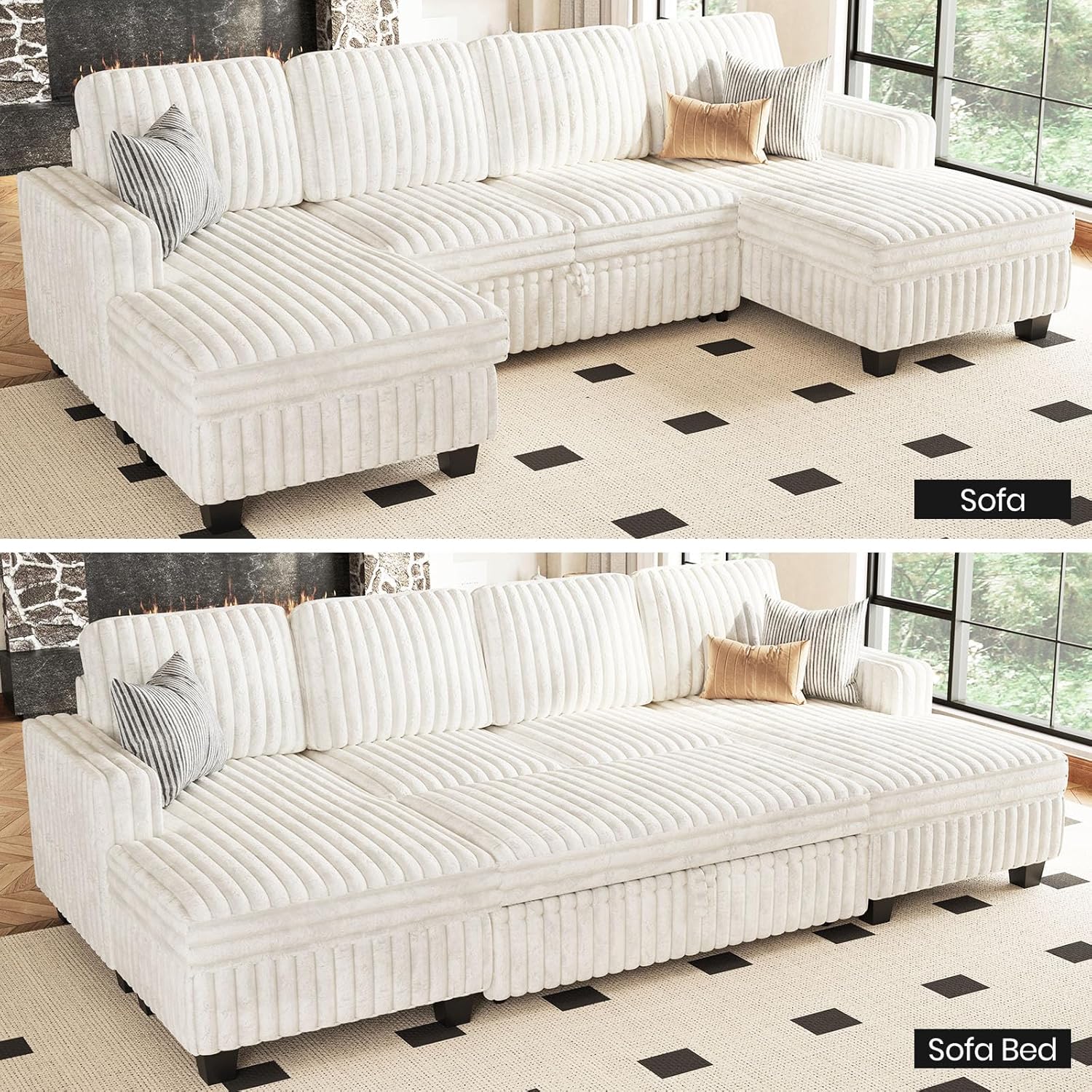 Belffin Modular Sectional Sleeper Sofa with Pull Out Couch Bed Corduroy Double Chaise with Storage