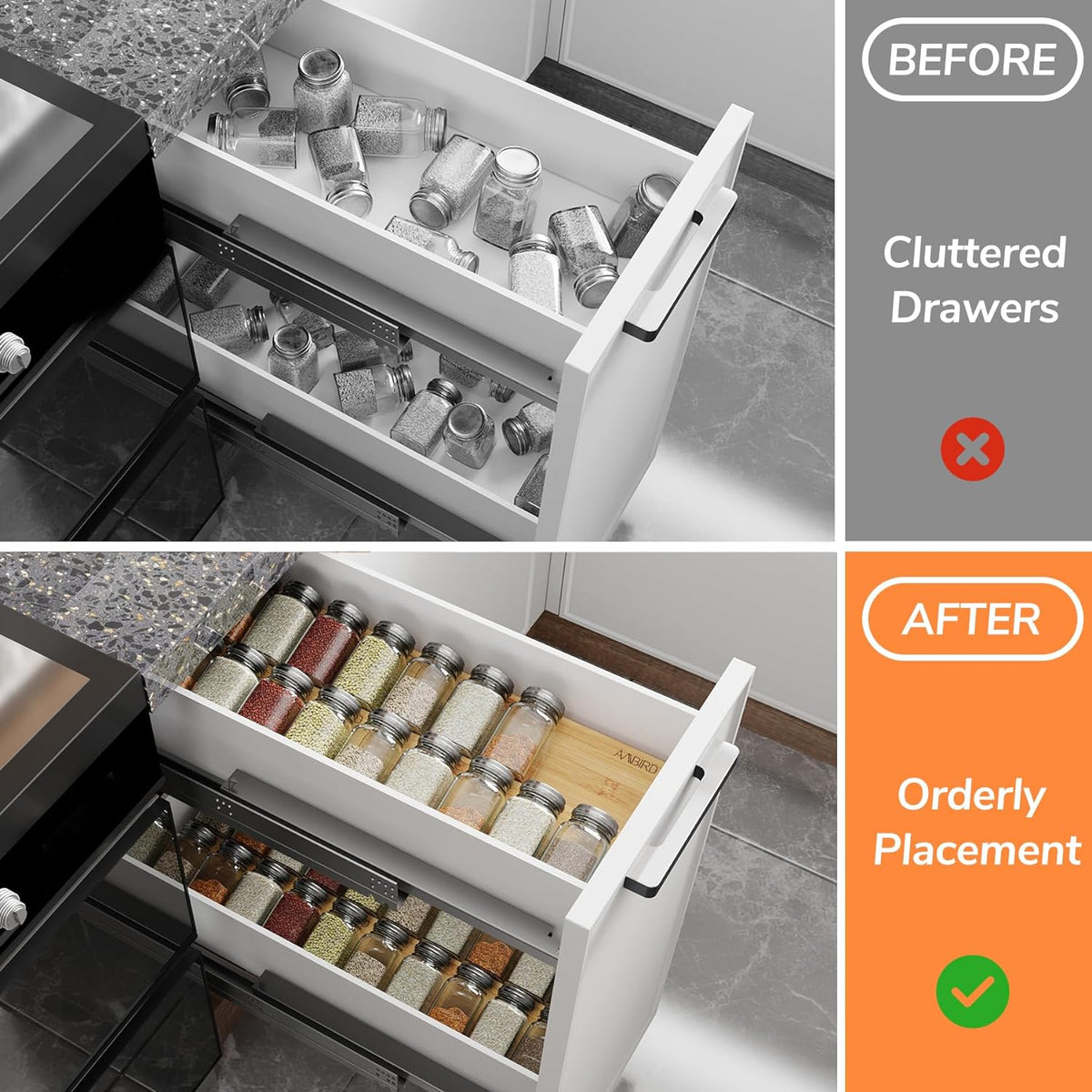 AMBIRD Bamboo Spice Drawer Organizer with Non-slip Mat,4 Tier Jar Spice Rack Tray 9.5'',Seasoning
