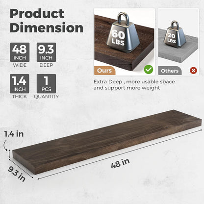 RICHFOCUS Elm Floating Shelves for Wall - 48" W x 9.3" D Rustic Solid Wood Shelves with Invisible