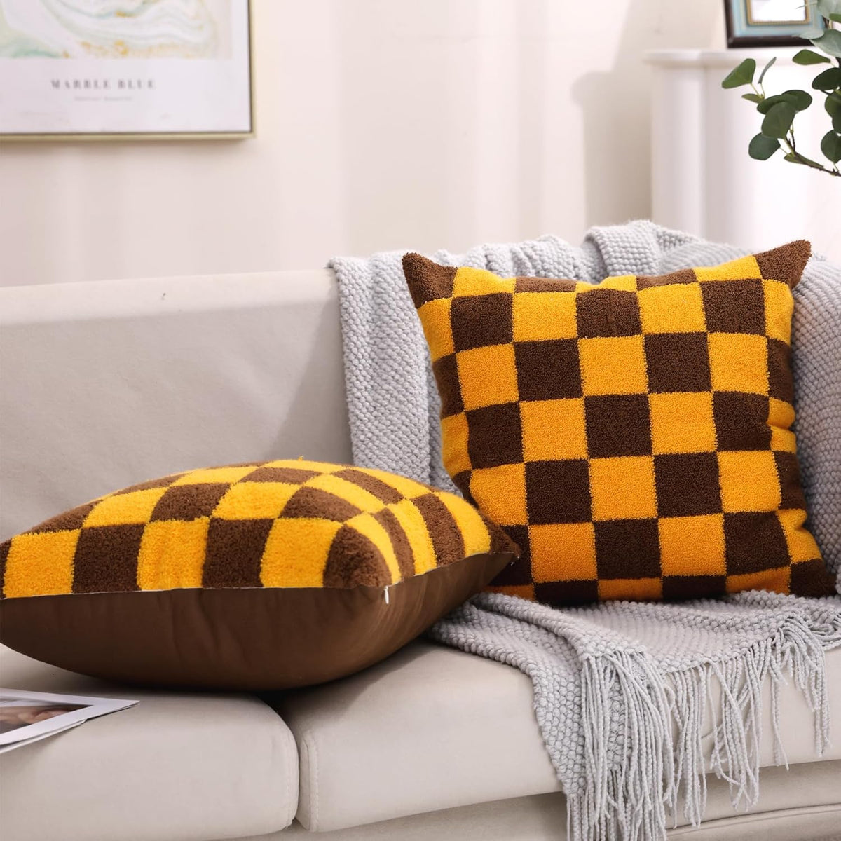 Alysheer Checkered Embroidered Decorative Throw Pillow Covers 18"x 18" Set of 2, Farmhouse Maillard