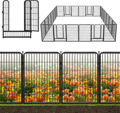 Decorative Black Metal Fencing Garden Fence with Gate, 54ft(L) 40in(H) 24 Fence Panels No Dig Fence