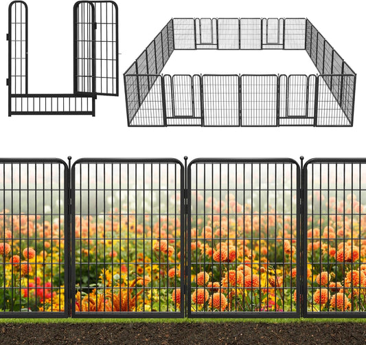 Decorative Black Metal Fencing Garden Fence with Gate, 54ft(L) 40in(H) 24 Fence Panels No Dig Fence