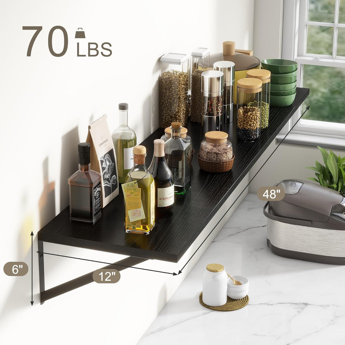 12 Inch Deep Floating Shelves, Black Floating Shelves 48W x 12D, Deep Wall Shelves Bracket Set of