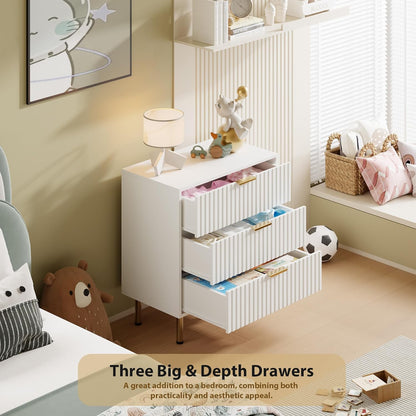White 3 Drawer Dresser for Bedroom, Fluted Modern Nightstand with Deep Drawers, Chest of Drawers