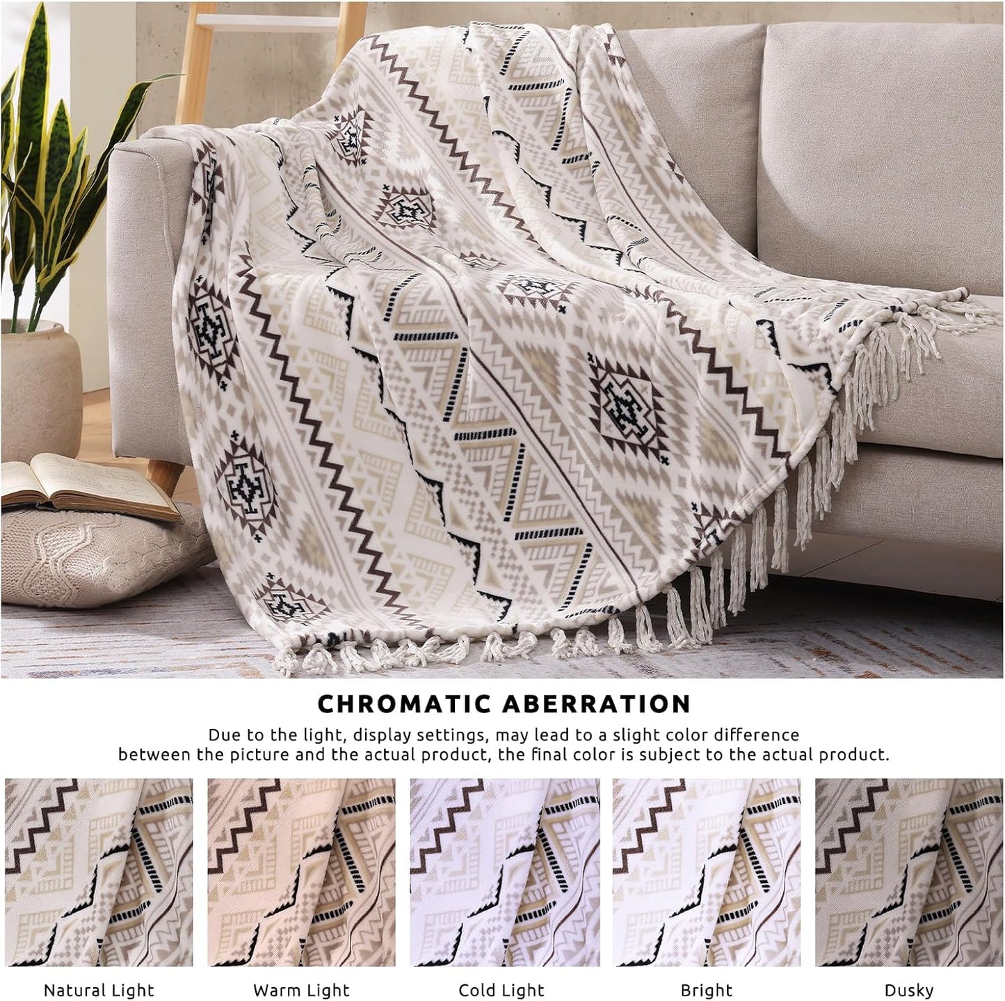 CASAAGUSTO Boho Throw Blanket - Beige and Gray Decorative Blankets with Tassel, Printed Flannel