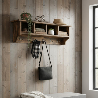 Pomona Solid Wood Entryway Coat Rack with Cubbies, Rustic Brown, 48 Inch