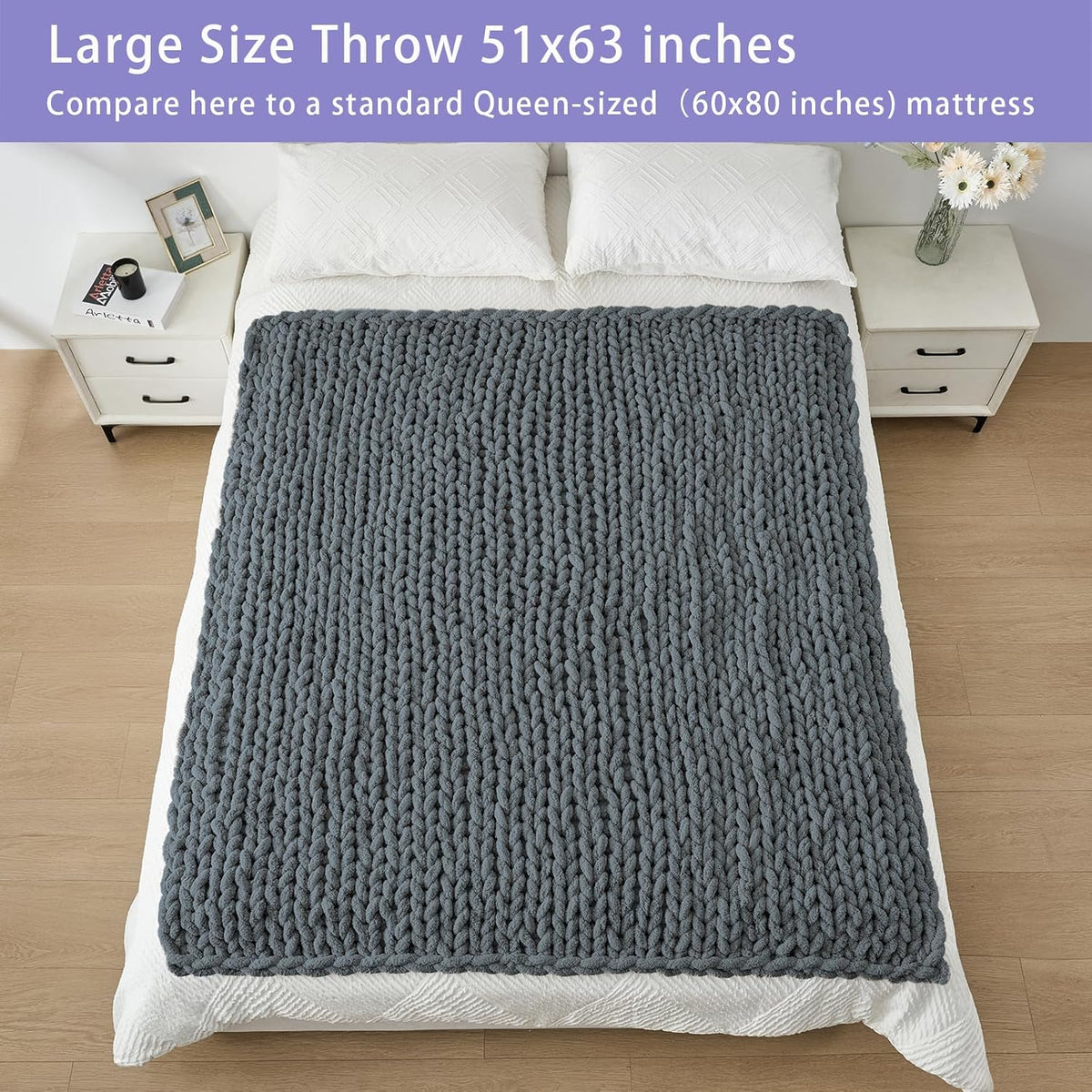 Bigacogo Chunky Knit Throw Blanket for Couch, 51x63 inches, 100% Hand Knitted with Thick Jumbo