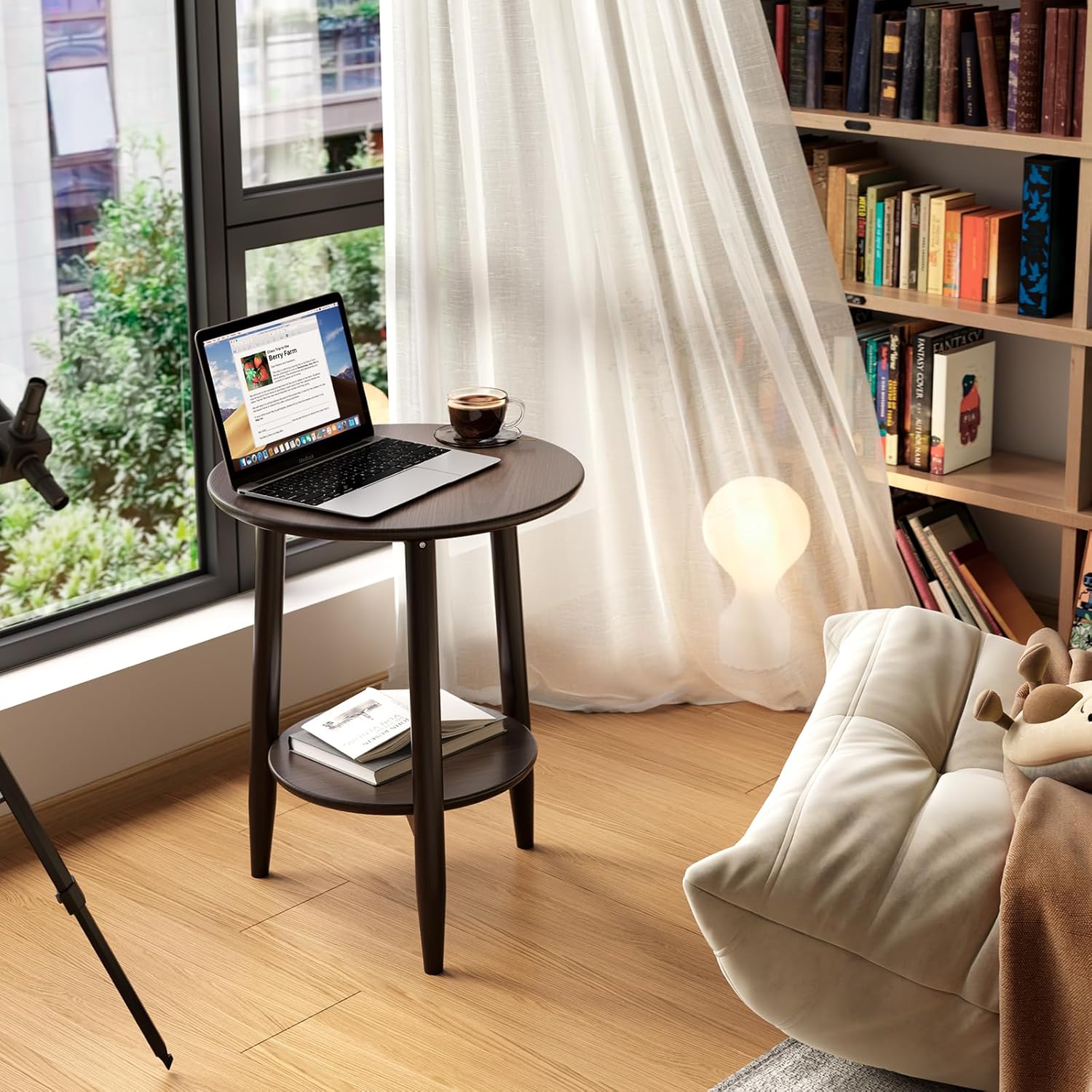 Round End Table,Solid Wood Small Round Table with Lower Shelf,Round Side Table,Nightstand for Small