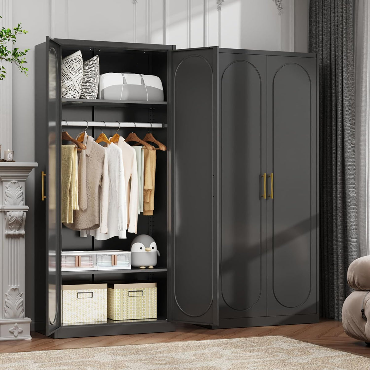 Metal Armoire Wardrobe Closet with 2 Doors, 71" Black Wardrobe Cabinet with Hanging Rod and